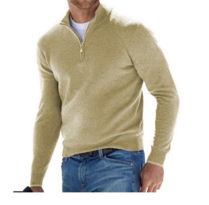 Beige half-zip pullover sweater with stand collar and long sleeves