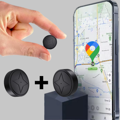 Magnetic GPS car tracker with two round black devices and smartphone map display