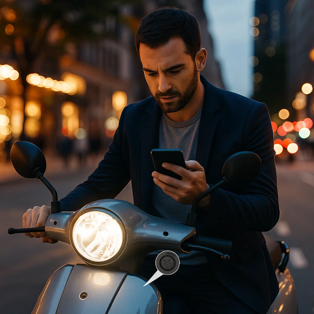 Magnetic GPS car tracker shown on a smartphone screen for live location monitoring