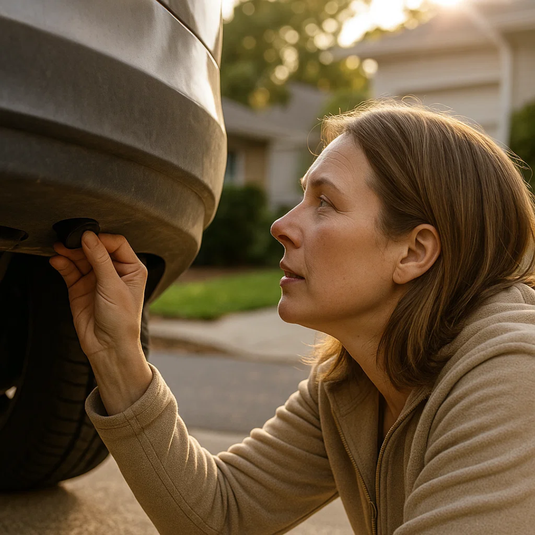 Magnetic GPS car tracker attached to the underside of a car bumper