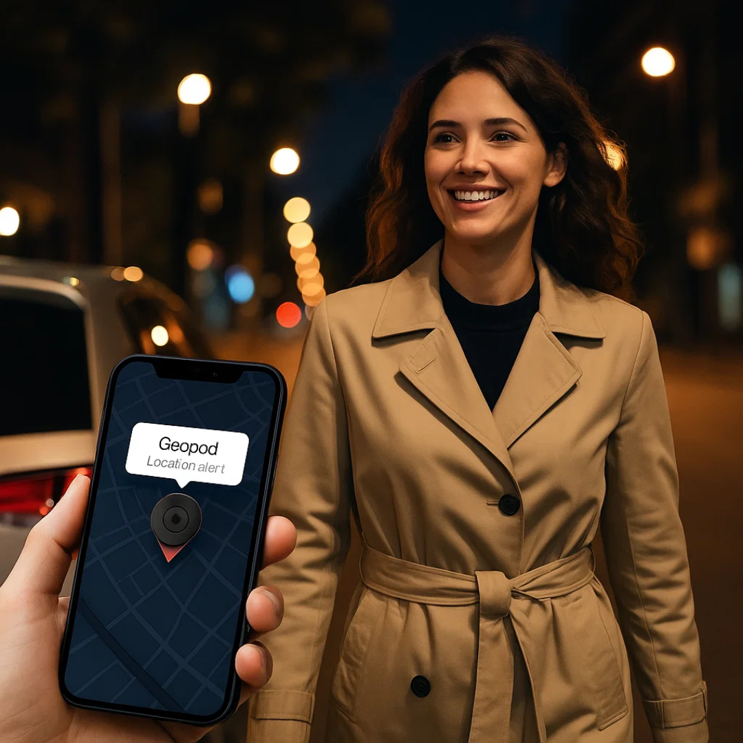 Magnetic GPS car tracker with smartphone showing a location alert notification