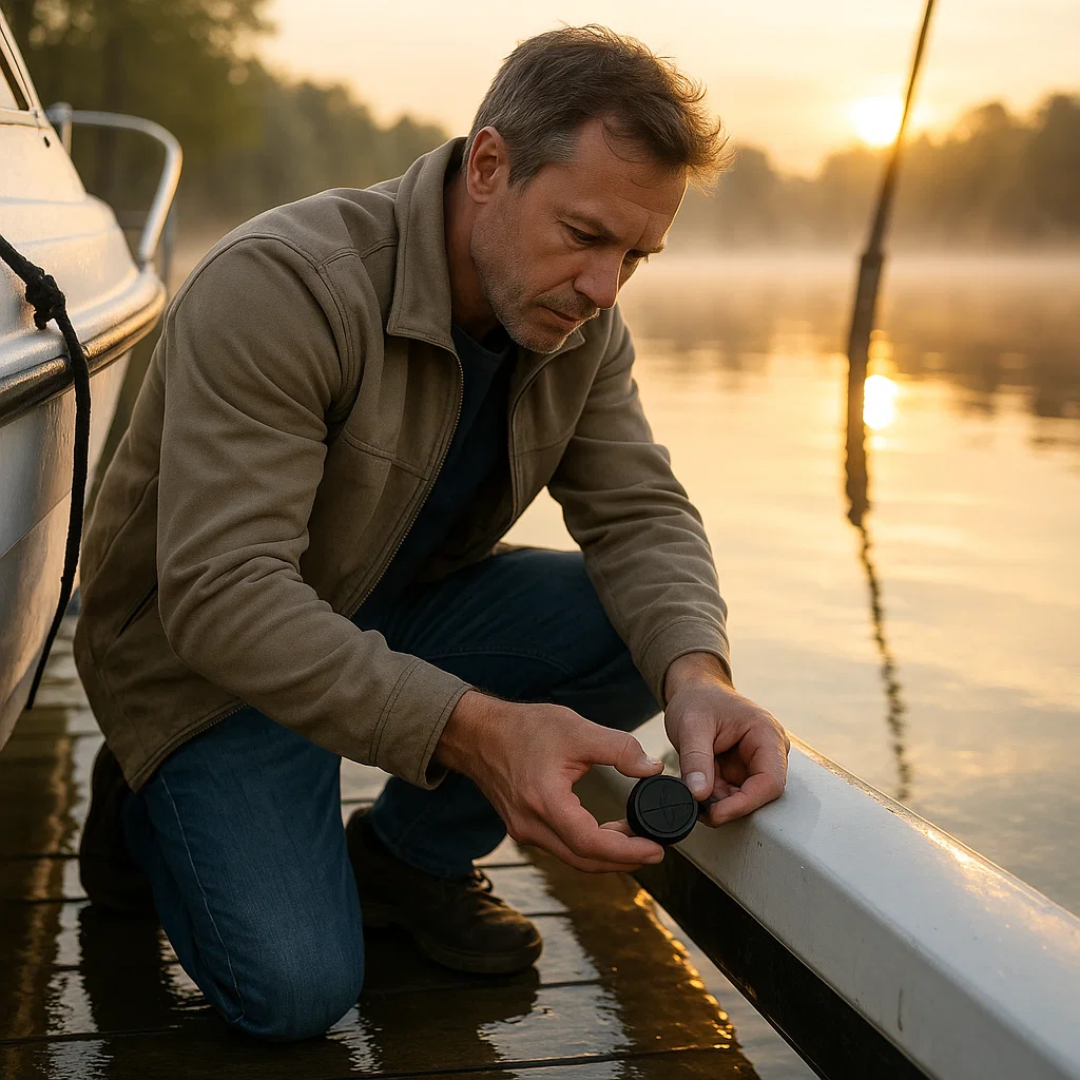 Magnetic GPS tracker being placed on a boat edge using the round black device
