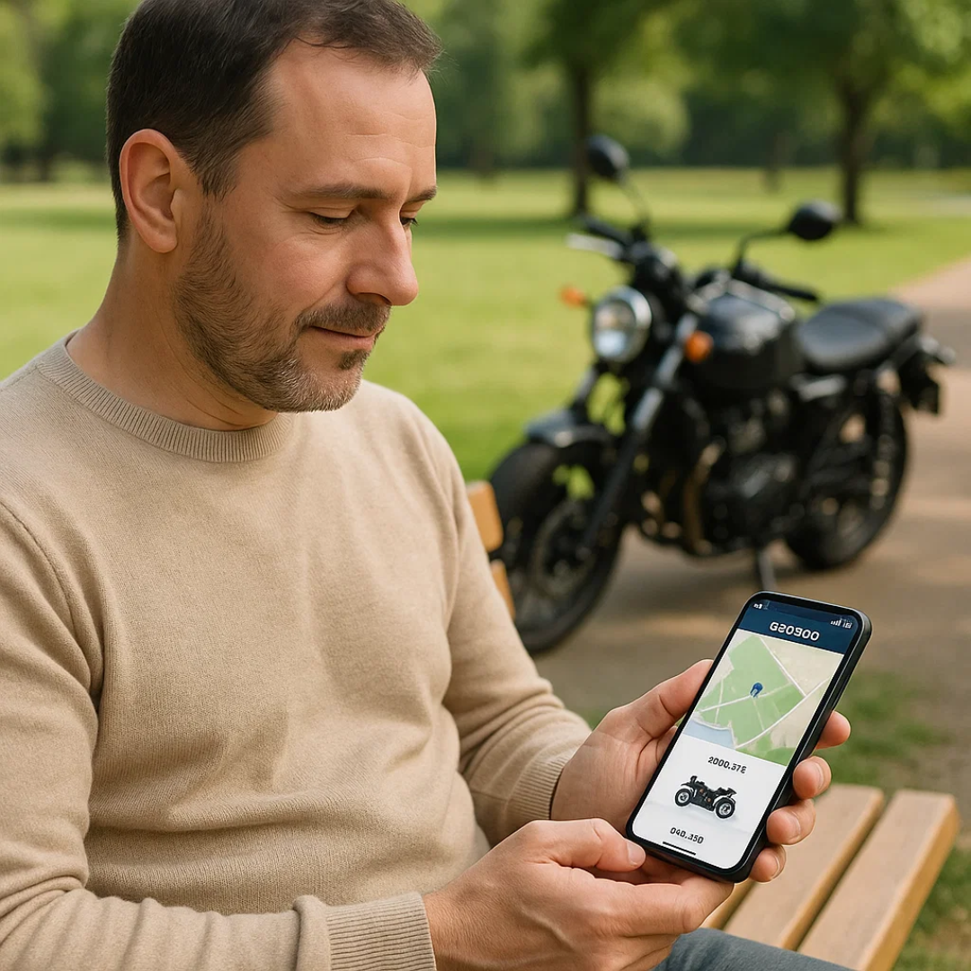 Magnetic GPS car tracker on smartphone screen displaying a live location map