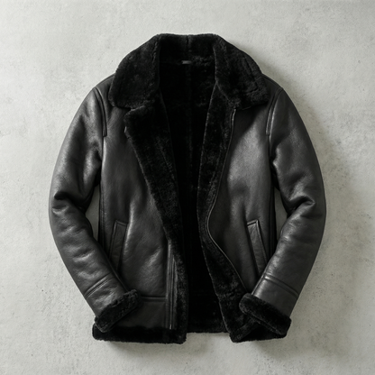Women’s leather aviator jacket in black with shearling trim and front zipper