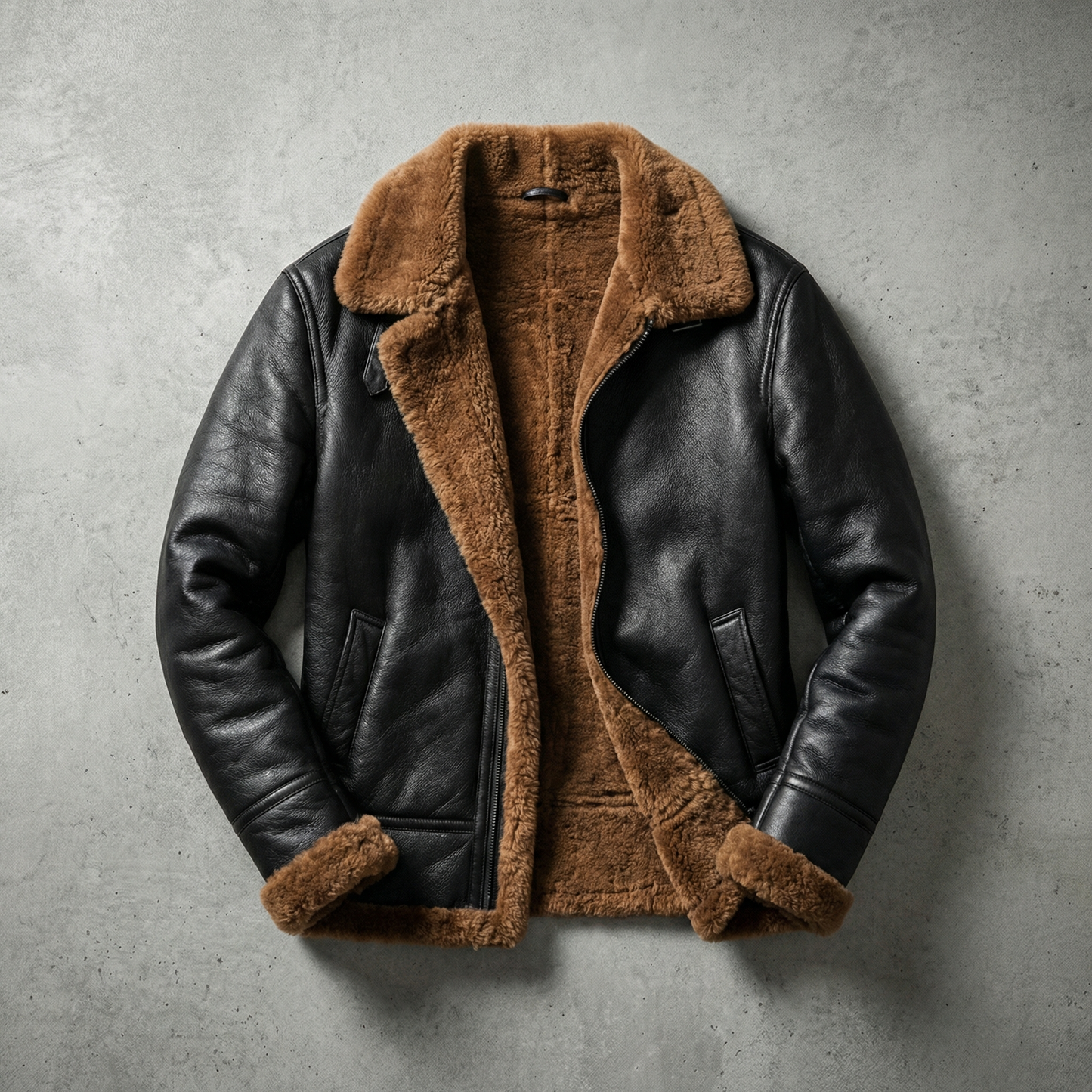Women’s leather aviator jacket in brown with shearling lining and front zipper