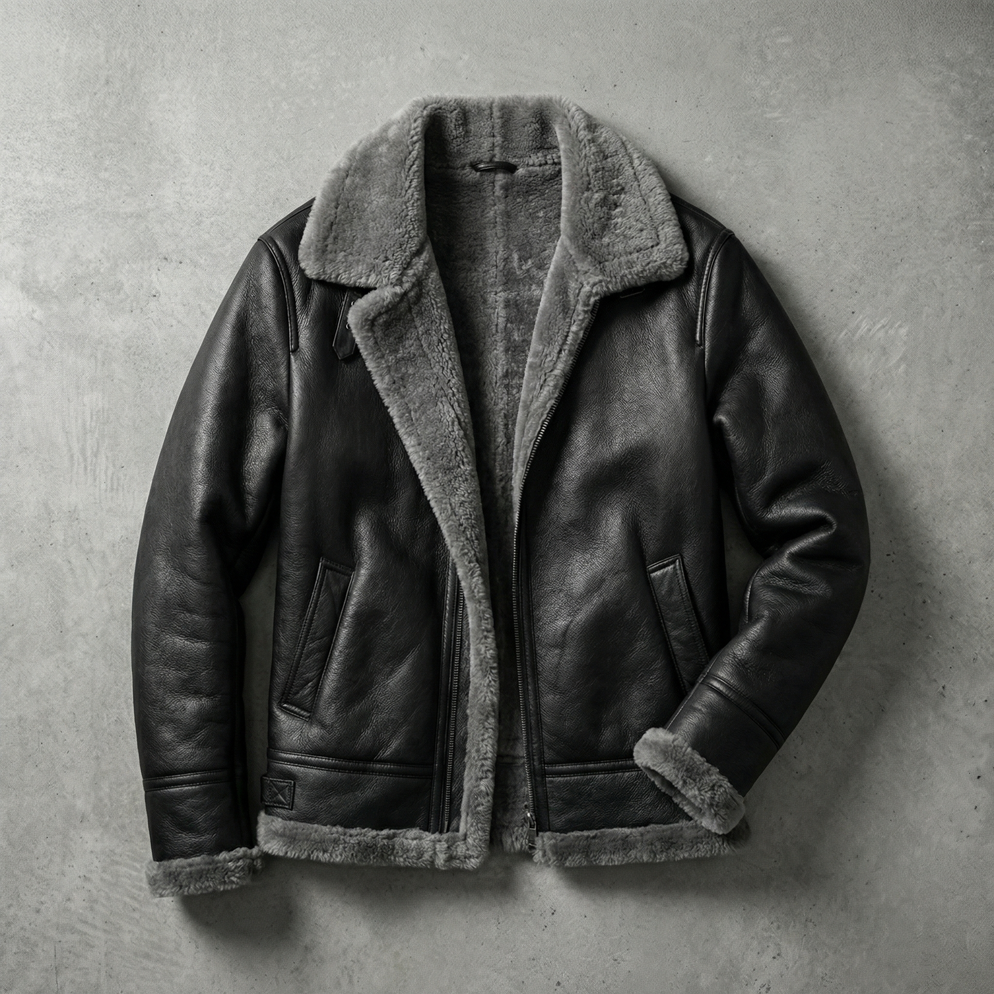Women’s leather aviator jacket in gray with shearling collar and front zipper