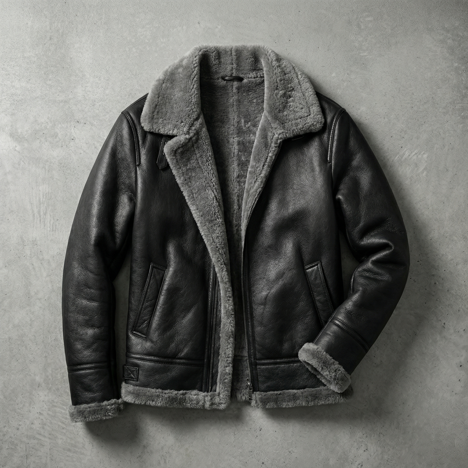 Women’s leather aviator jacket in gray with shearling collar and front zipper