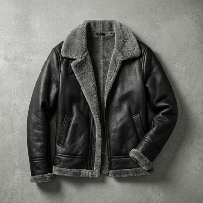 Women’s leather aviator jacket in gray with shearling collar and front zipper