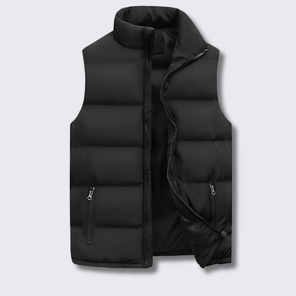 Men’s black quilted puffer vest with front zipper, stand collar, and side pockets
