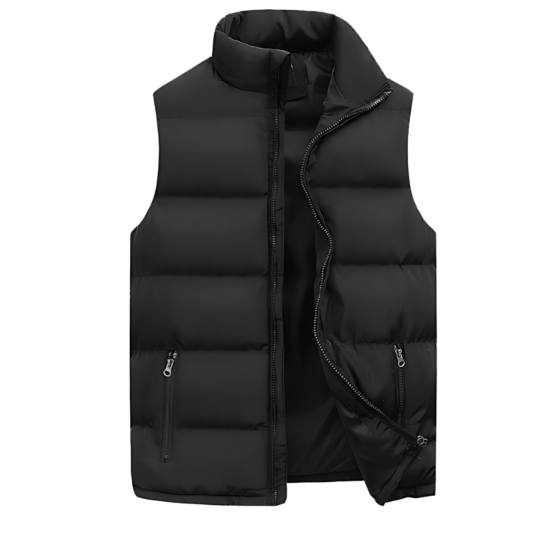 Men’s black quilted puffer vest front view with stand collar and zip hand pockets