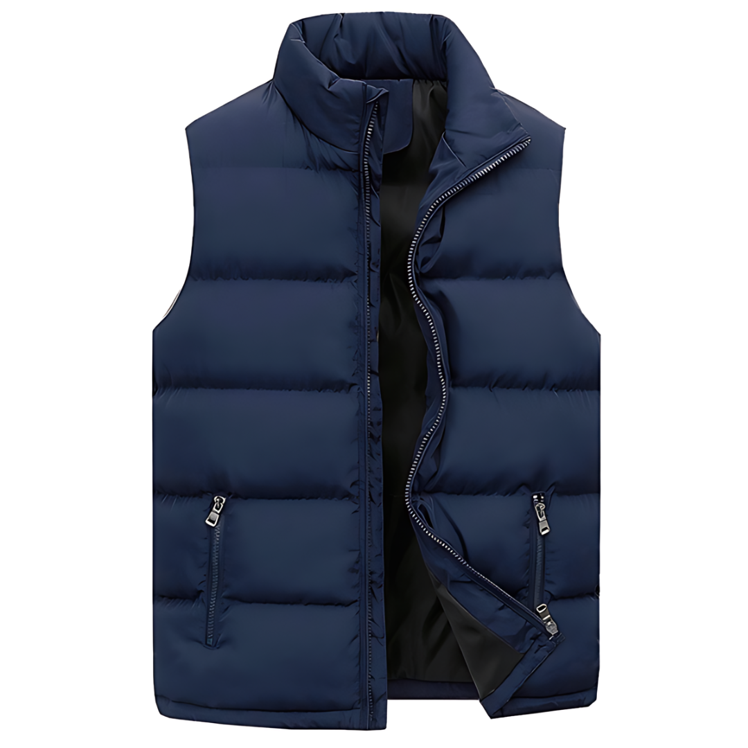 Men’s blue quilted puffer vest with front zipper, stand collar, and side zip pockets