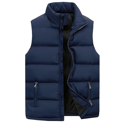 Men’s blue quilted puffer vest with front zipper, stand collar, and side zip pockets