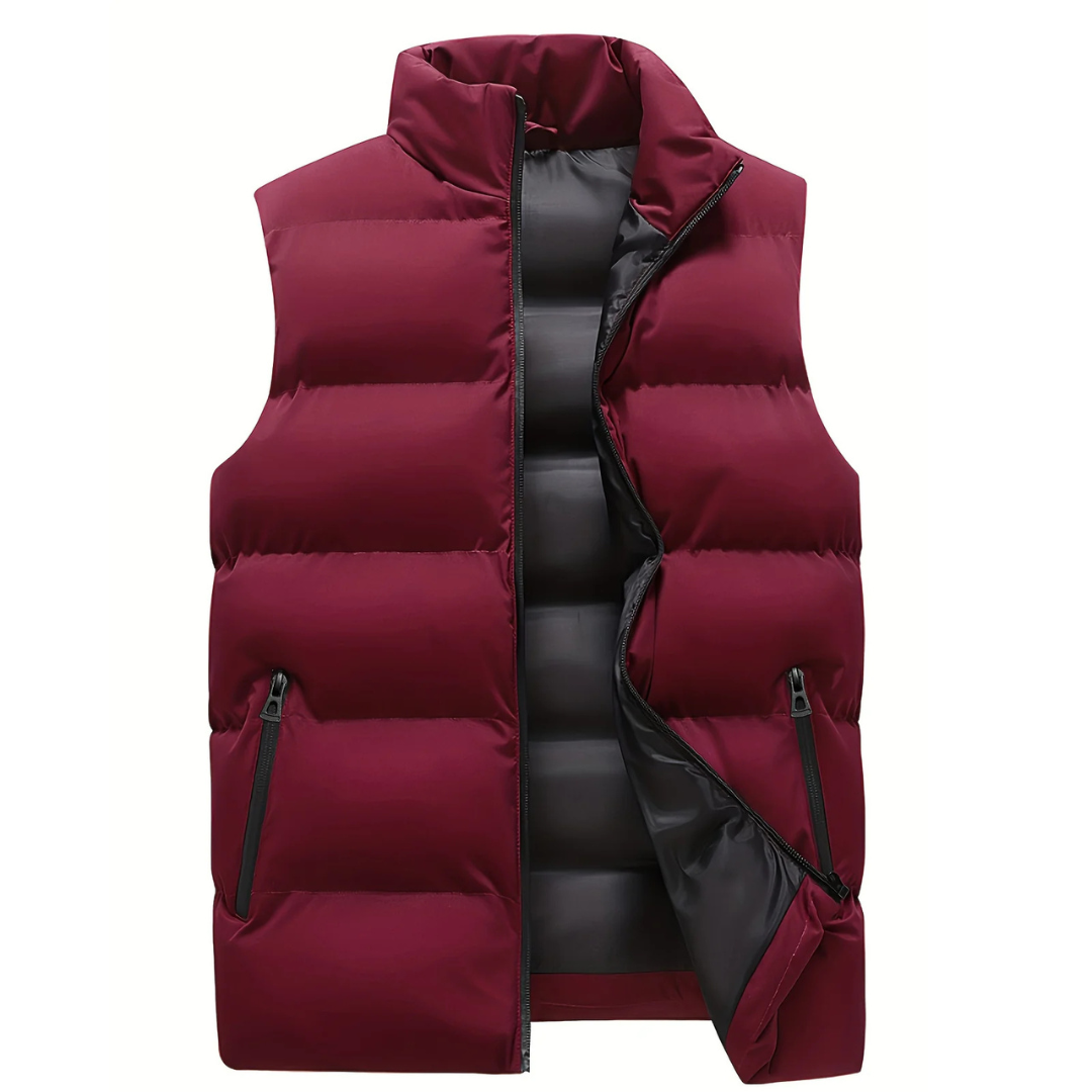 Men’s red quilted puffer vest with full front zipper, stand collar, and side zip pockets