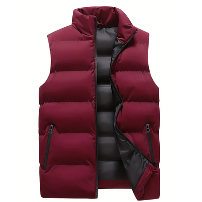 Men’s red quilted puffer vest with full front zipper, stand collar, and side zip pockets