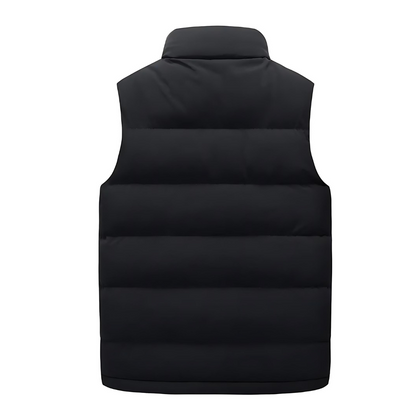Men’s black quilted puffer vest back view with high collar and horizontal baffles