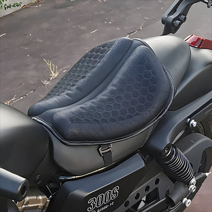 Motorcycle gel seat cushion with dark blue honeycomb texture, petal shape and straps