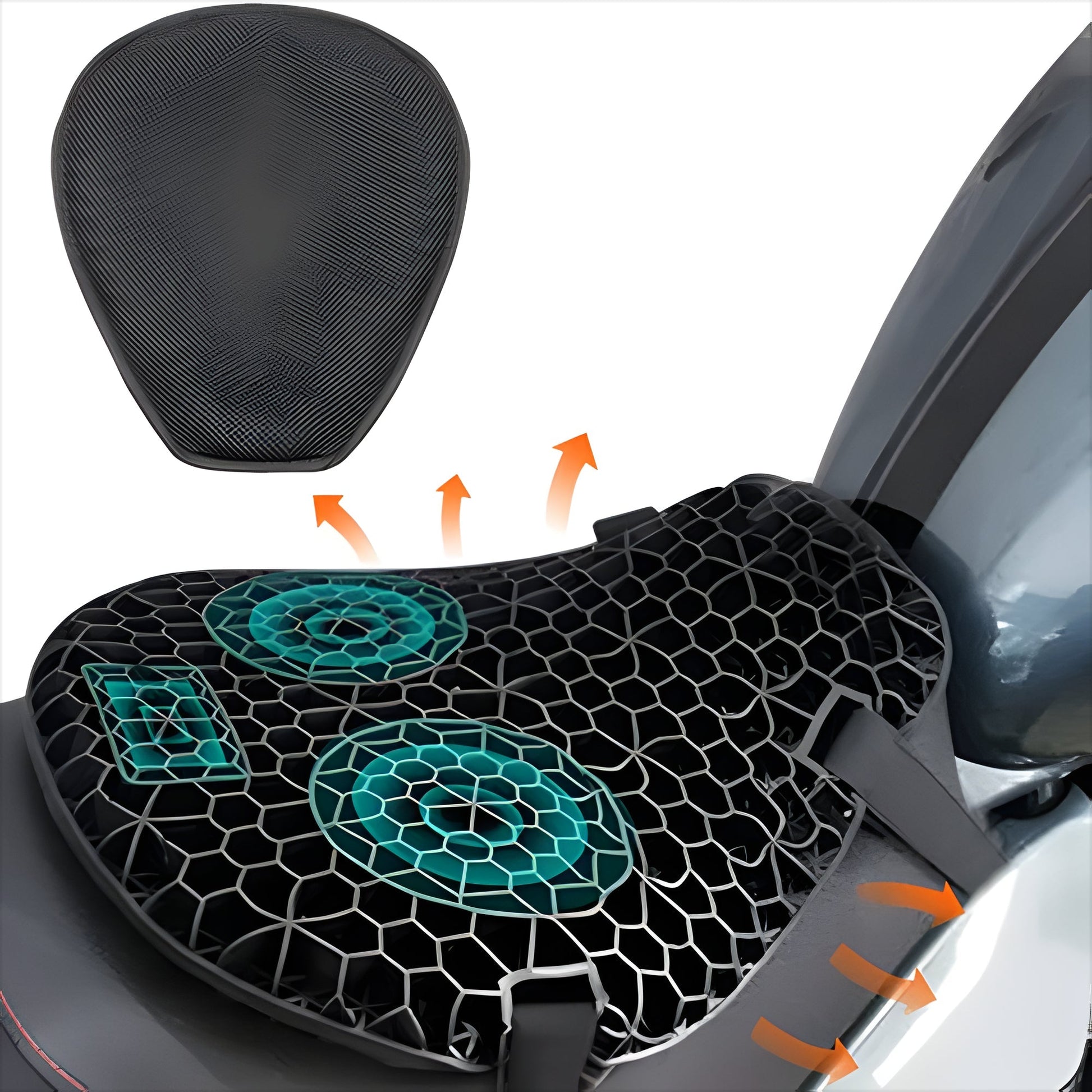 Petal-shaped gel motorcycle seat cushion with black honeycomb surface and teal pressure zones