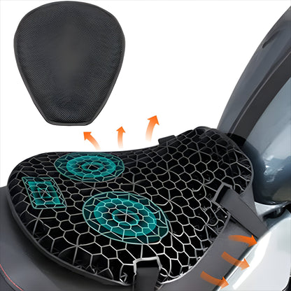 Petal-shaped gel motorcycle seat cushion with black honeycomb surface and teal pressure zones