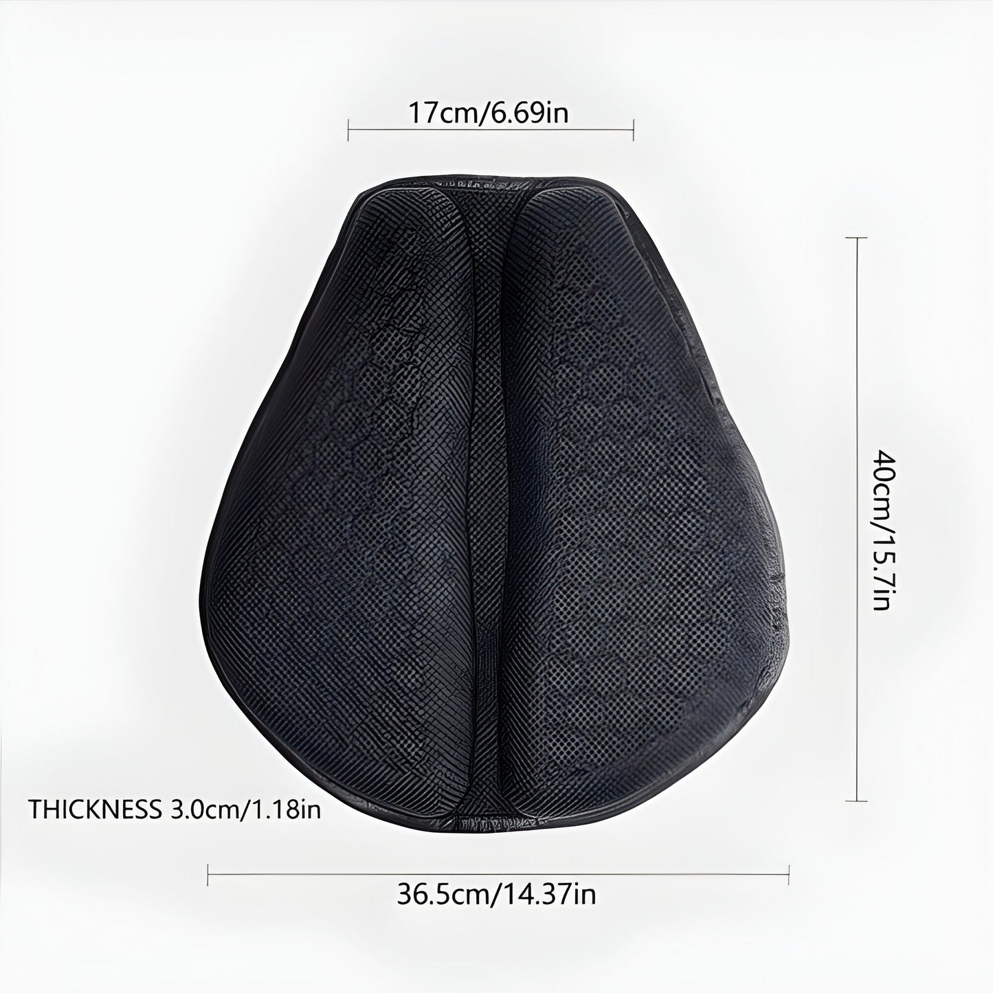 Petal-shaped black gel seat cushion, textured surface with strap tab; size diagram shown