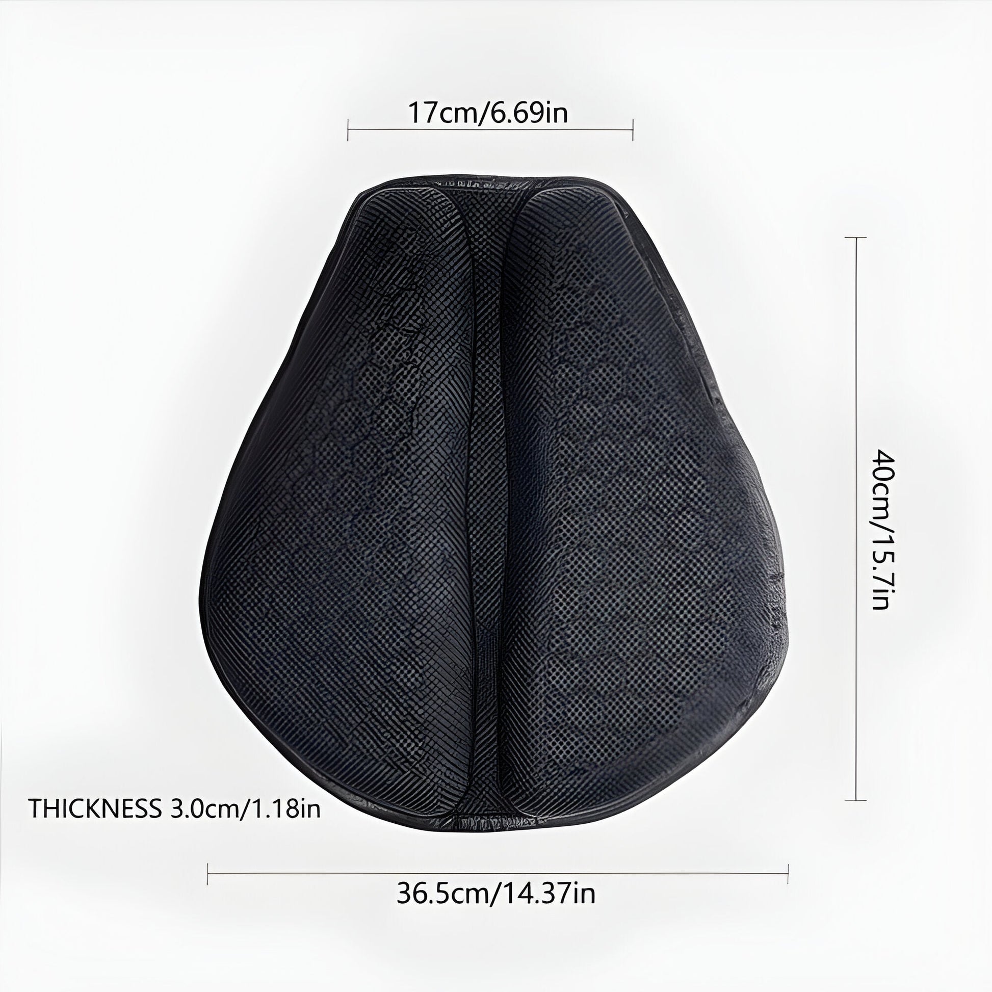 Petal-shaped black gel seat cushion, textured surface with strap tab; size diagram shown
