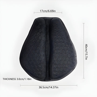 Petal-shaped black gel seat cushion, textured surface with strap tab; size diagram shown