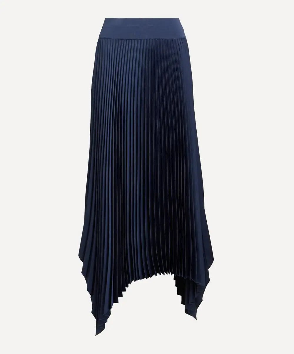 Navy Pleated Midi Skirt with Asymmetric Hem