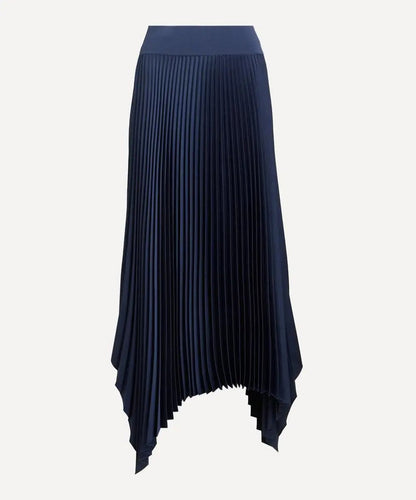 Navy Pleated Midi Skirt with Asymmetric Hem