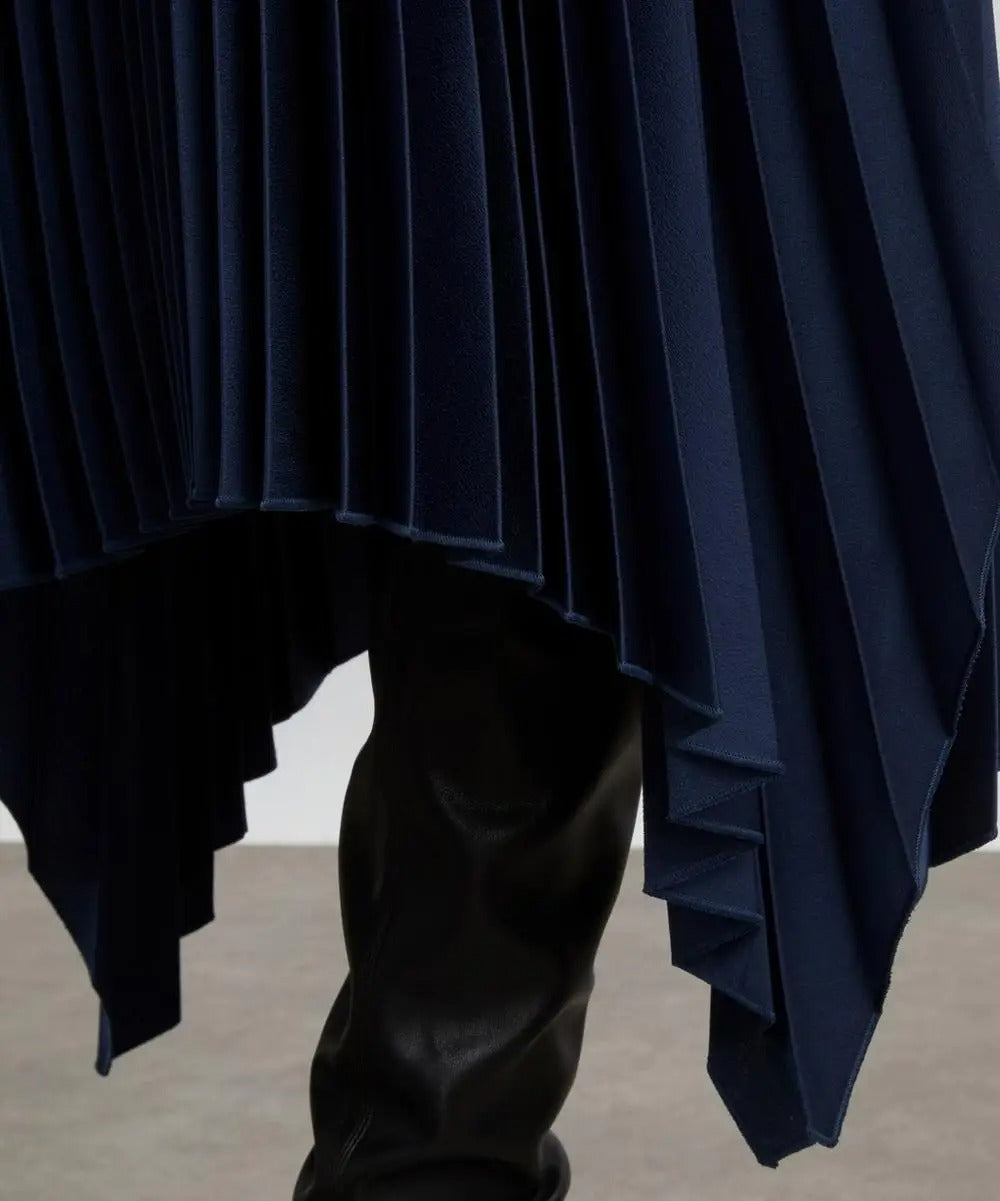 Navy Pleated Midi Skirt with Asymmetric Hem
