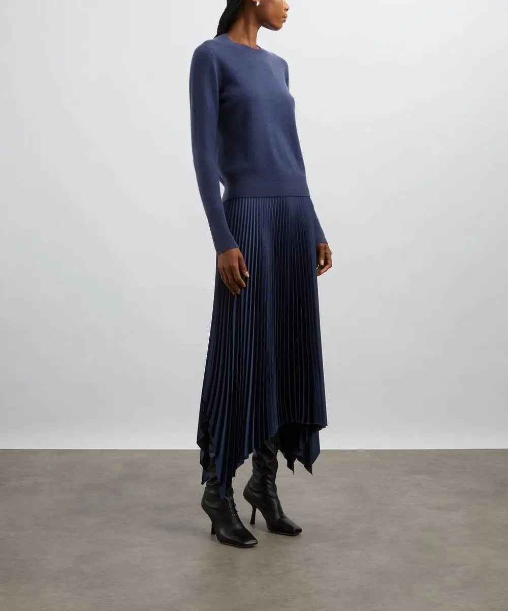Navy Pleated Midi Skirt with Asymmetric Hem