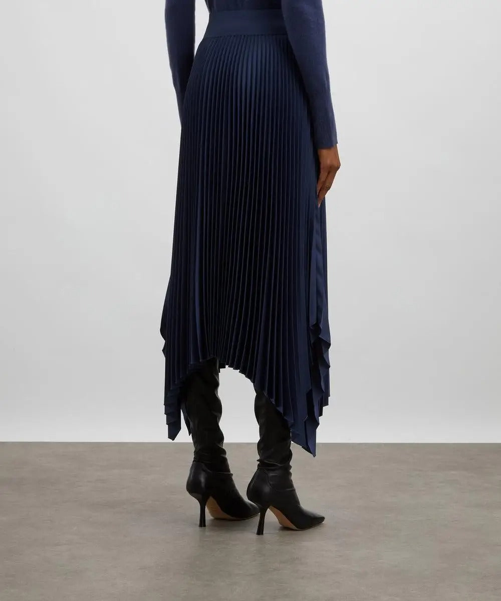 Navy Pleated Midi Skirt with Asymmetric Hem