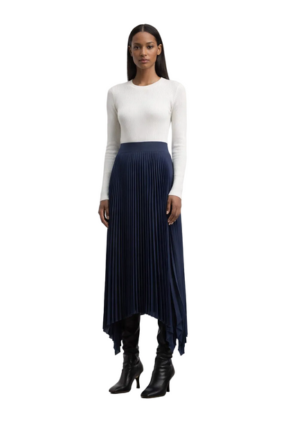 Navy Pleated Midi Skirt with Asymmetric Hem