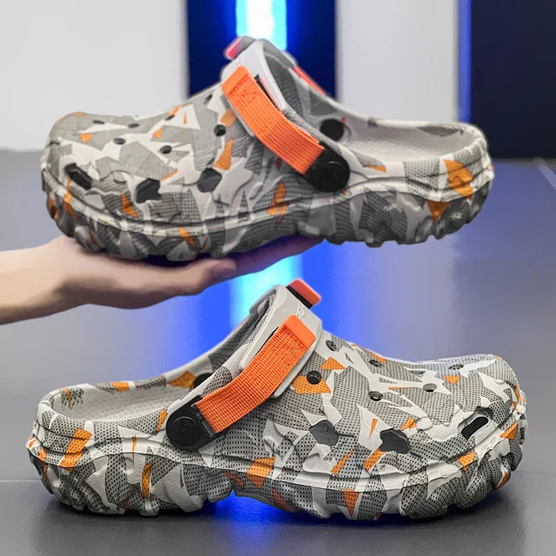 Men's camouflage garden clog with orange strap, slip-on outdoor slipper