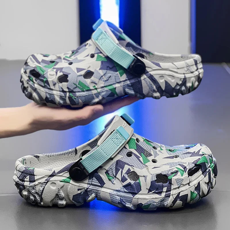 Men's camouflage garden clog with teal strap, slip-on outdoor slipper