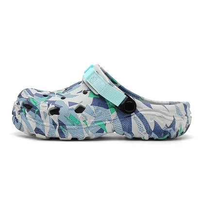 Men's camouflage garden clog with teal strap and supportive heel