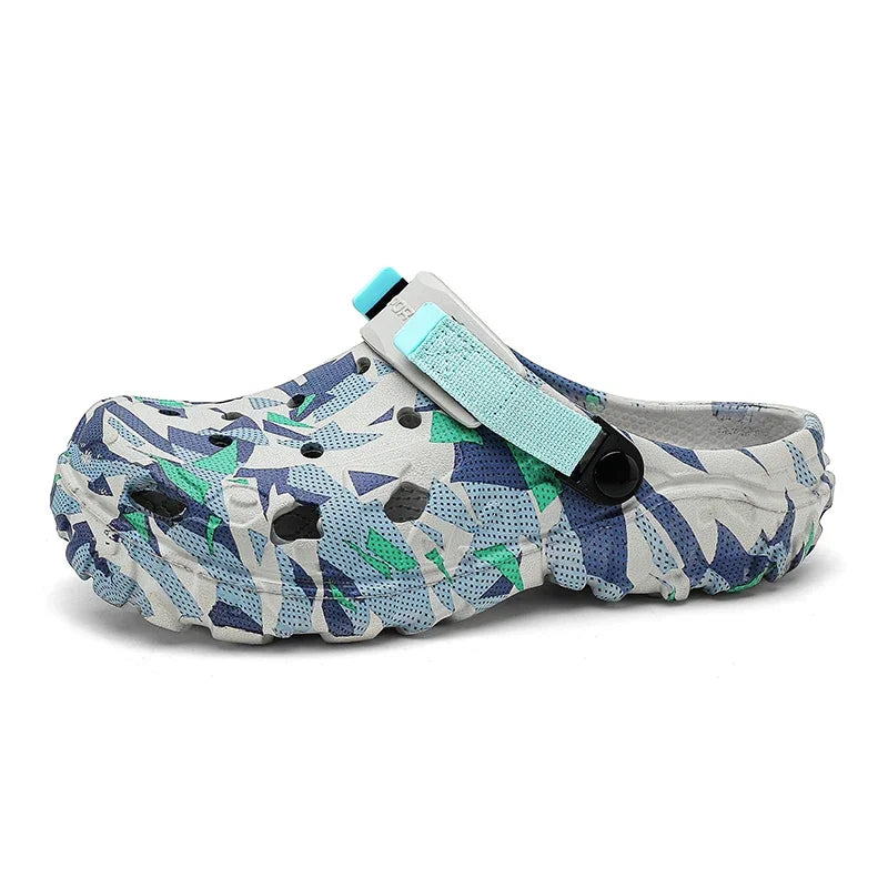 Men's camouflage garden clog with teal strap, textured non-slip sole