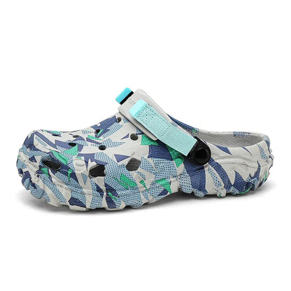 Men's camouflage garden clog with teal strap, textured non-slip sole