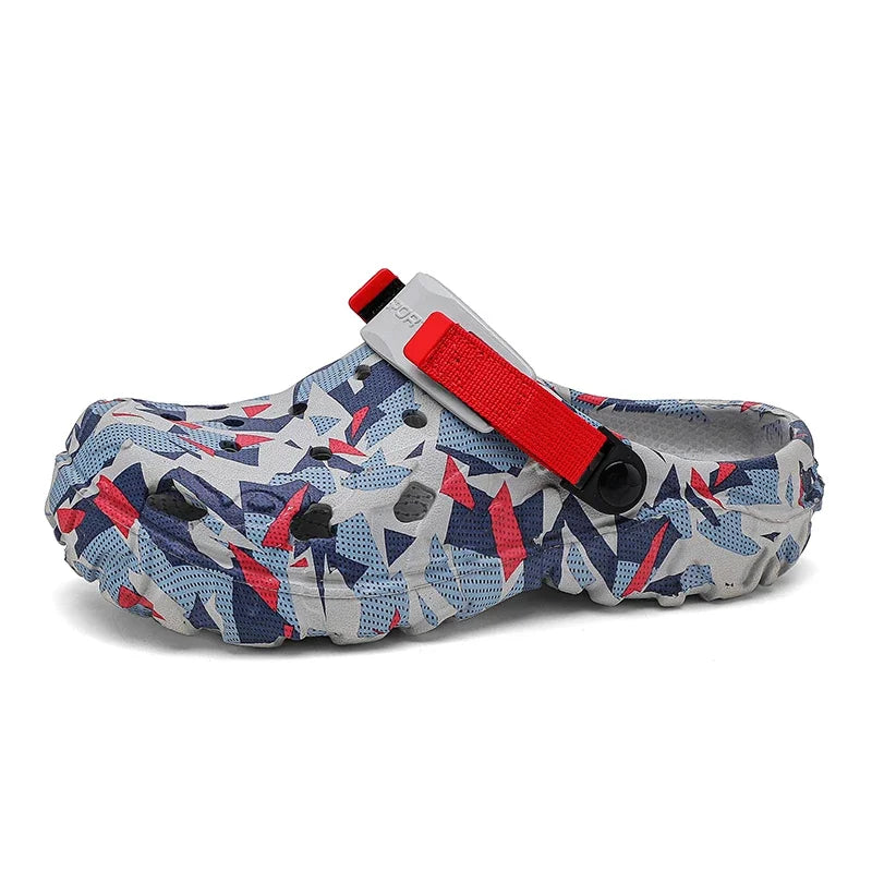 Men's camouflage garden clog with red strap and rugged tread outsole