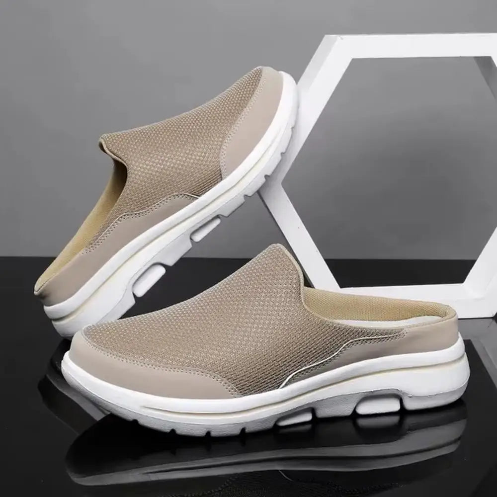 Men's breathable summer slippers, tan backless slides with thick white sole
