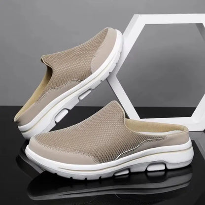 Men's breathable summer slippers, tan backless slides with thick white sole