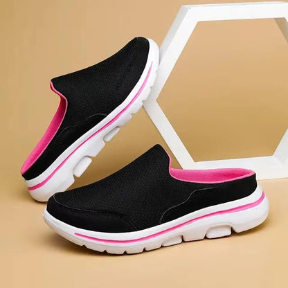 Men's breathable summer slippers, black backless slides with pink trim and white sole
