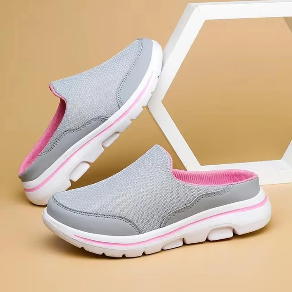 Men's breathable summer slippers, light gray backless slides with pink trim and white sole