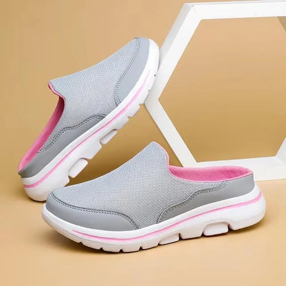 Men's breathable summer slippers, light gray backless slides with pink trim and white sole