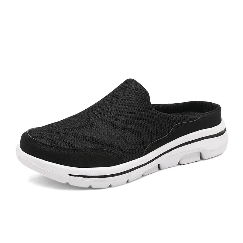 Black backless slip-on slippers with thick white sole
