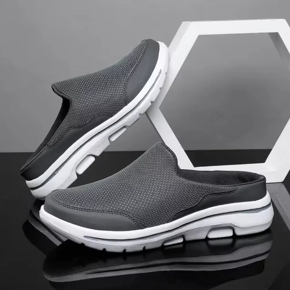 Dark gray backless slip-on slippers with thick white sole