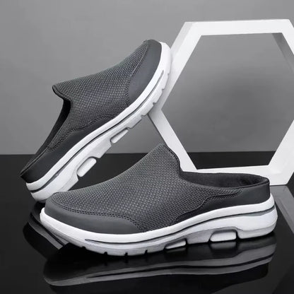 Dark gray backless slip-on slippers with thick white sole