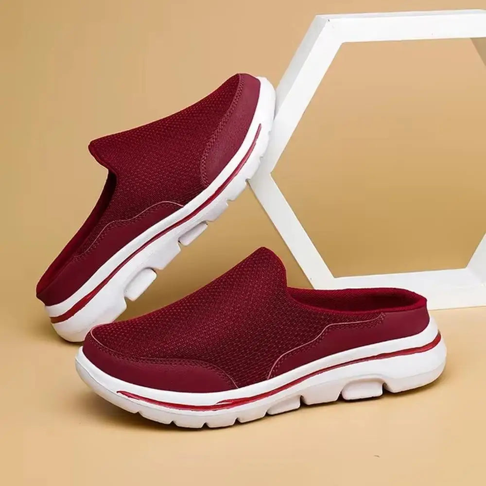 Burgundy backless slip-on slippers with white sole and cushioned outsole