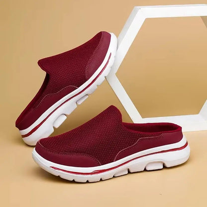 Burgundy backless slip-on slippers with white sole and cushioned outsole