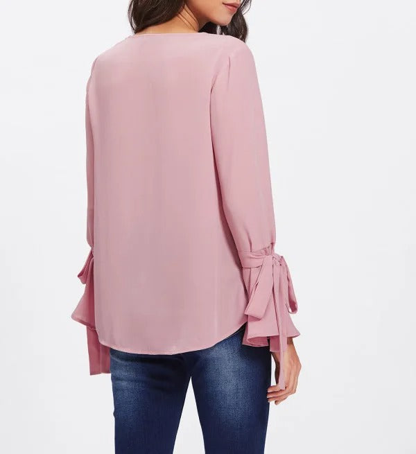 Pink Long Sleeve Blouse with Pearl-Style Embellishments
