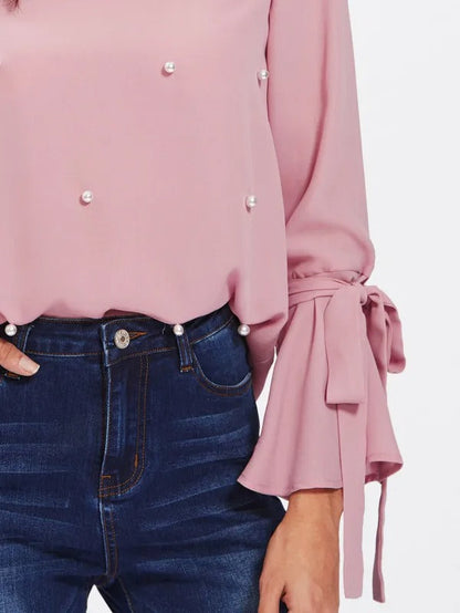 Pink Long Sleeve Blouse with Pearl-Style Embellishments