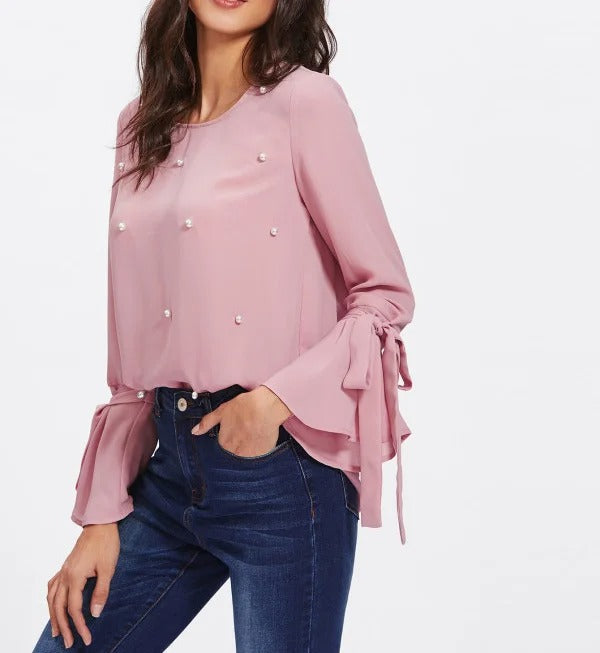 Pink Long Sleeve Blouse with Pearl-Style Embellishments